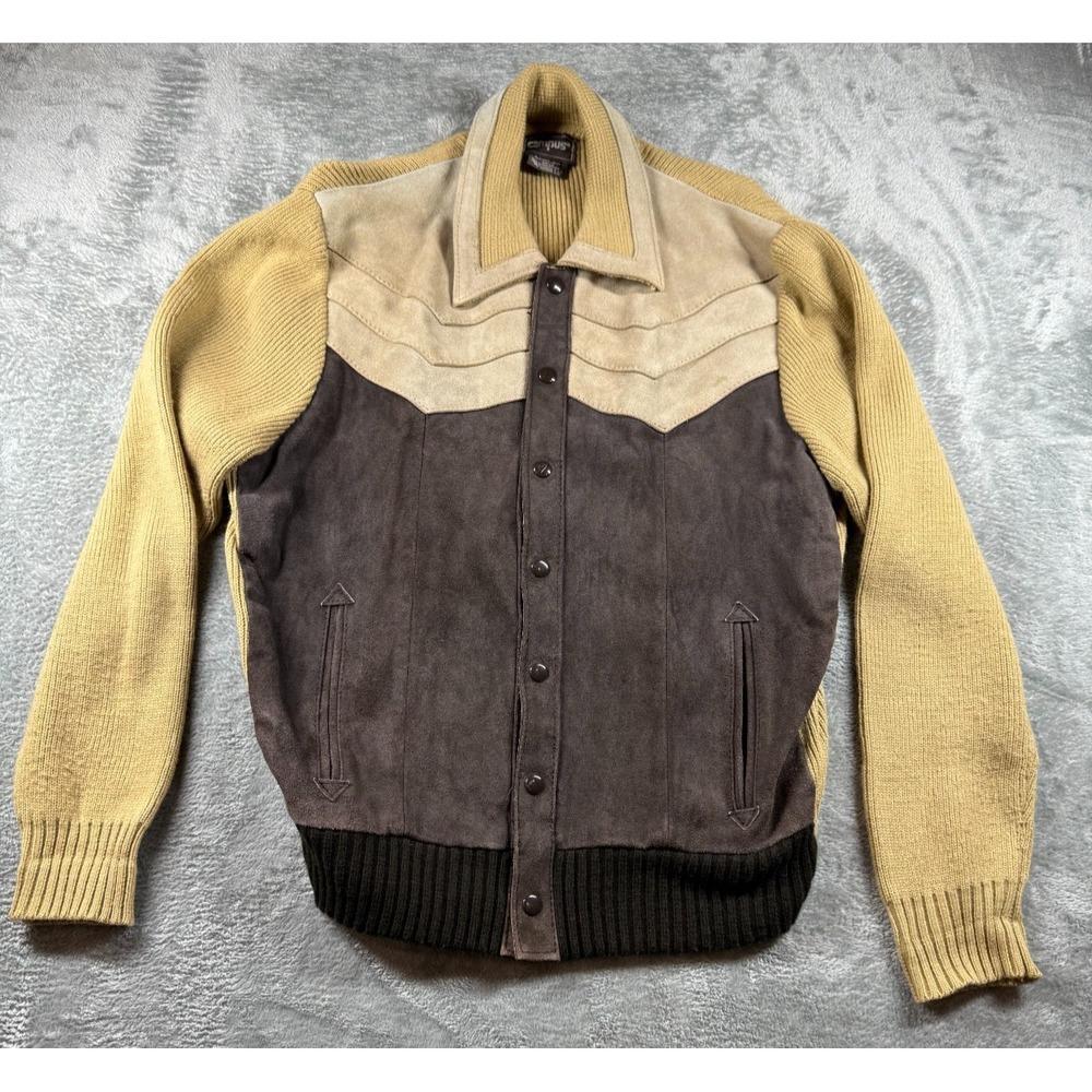 Vtg Campus Knit & Suede Western Jacket Men's M‎ Tan Brown Snap Front Taiwan